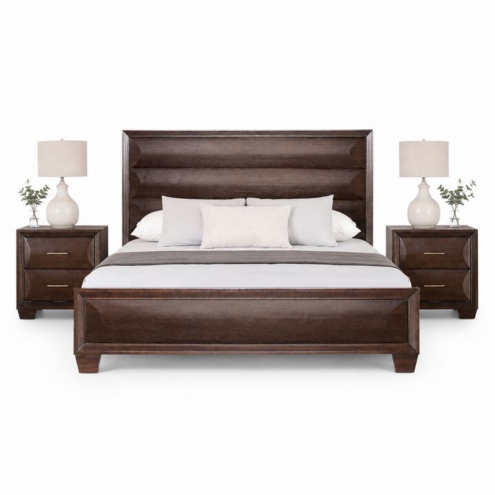Queen Bedroom Set, Espresso Brown, Gold Wood, 3 Piece Set with 2 Nightstands