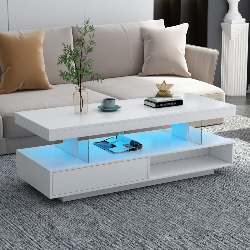 LED Coffee Table with Storage, Modern Center Table with 2 Drawers and Display Shelves, Accent Furniture with LED Lights for Living Room, White