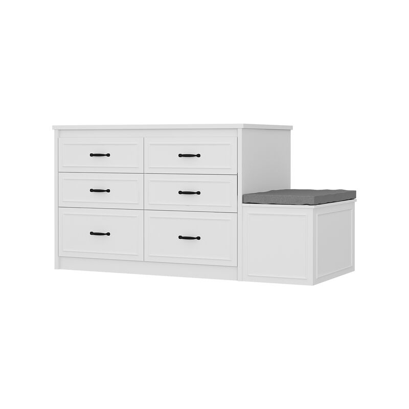 FUFU&GAGA Modern Vanity Table with 12 Drawers and Storage Bench – MDF Makeup Desk with Cushioned Seat, Large Workspace, and Black Handles, (61.9 in. L x 27.6 in. W x 32.6 in. H),White