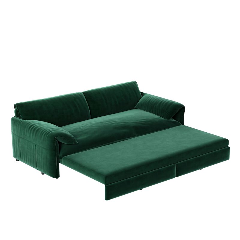 Whisen 3-in-1 Velvet Queen Sleeper Sofa Bed & Chaise Lounge with Side Storage Pockets, 2 Seats