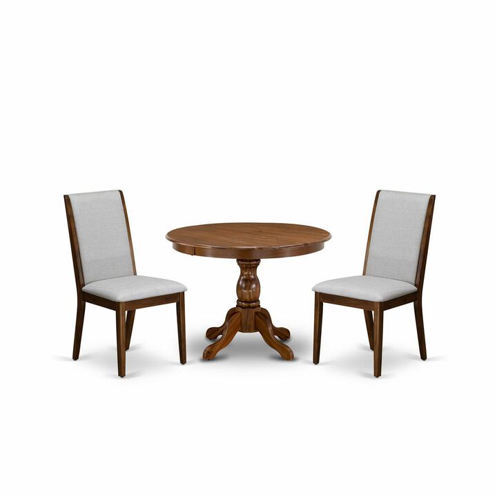 East West Furniture HBLA3-AWA-05 3 Piece Table and Chairs Dining Set - Acacia Walnut Dining Room Table and 2 Grey Linen Fabric Kitchen & Dining Room Chairs with High Back - Acacia Walnut Finish