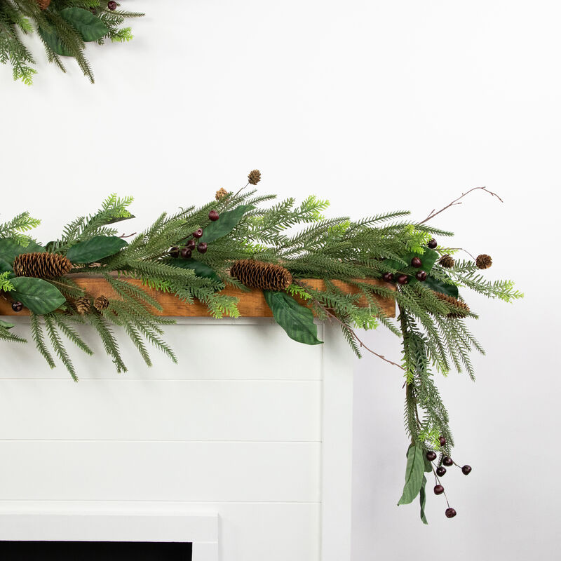 6' Mixed Foliage with Pine Cones and Berries Christmas Garland  Unlit image number 2
