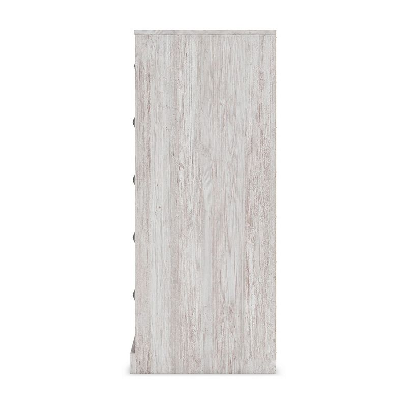 46 Inch 5 Drawer Modern Tall Dresser Chest, Whitewashed Carved Design Wood-Benzara