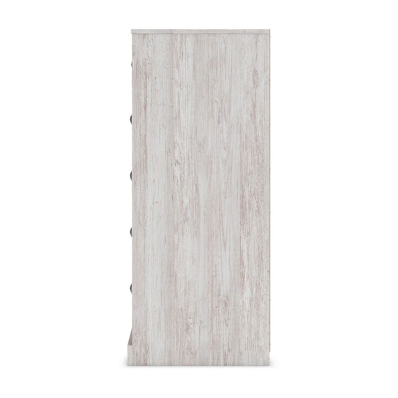 46 Inch 5 Drawer Modern Tall Dresser Chest, Whitewashed Carved Design Wood - Benzara