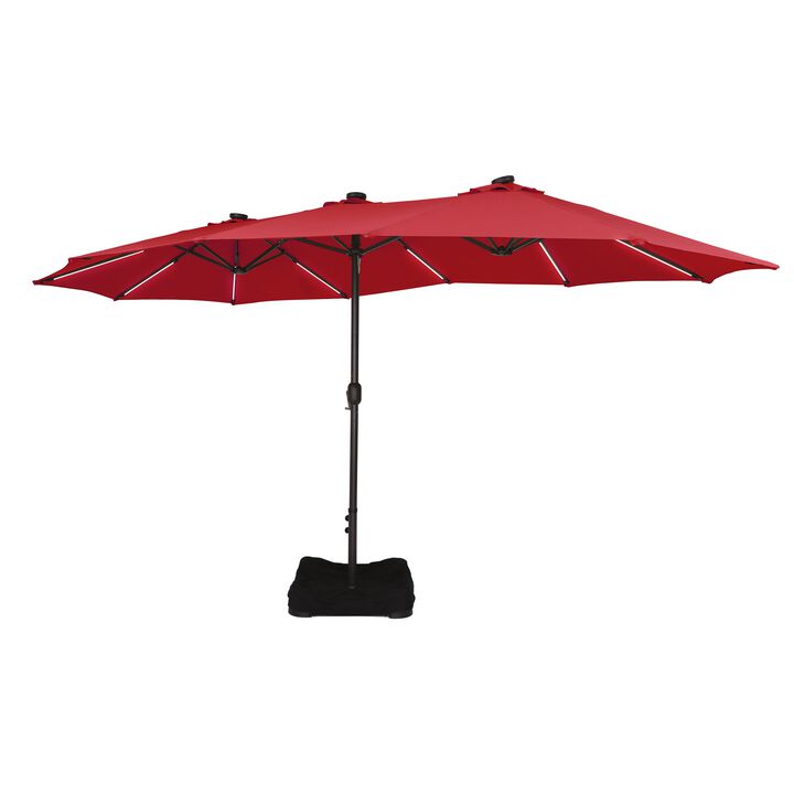 15 FT Double-Head Patio Umbrella with Base Included Large Outdoor Umbrella with Solar Detachable Lights Rectangular Crank Market Umbrella, Red