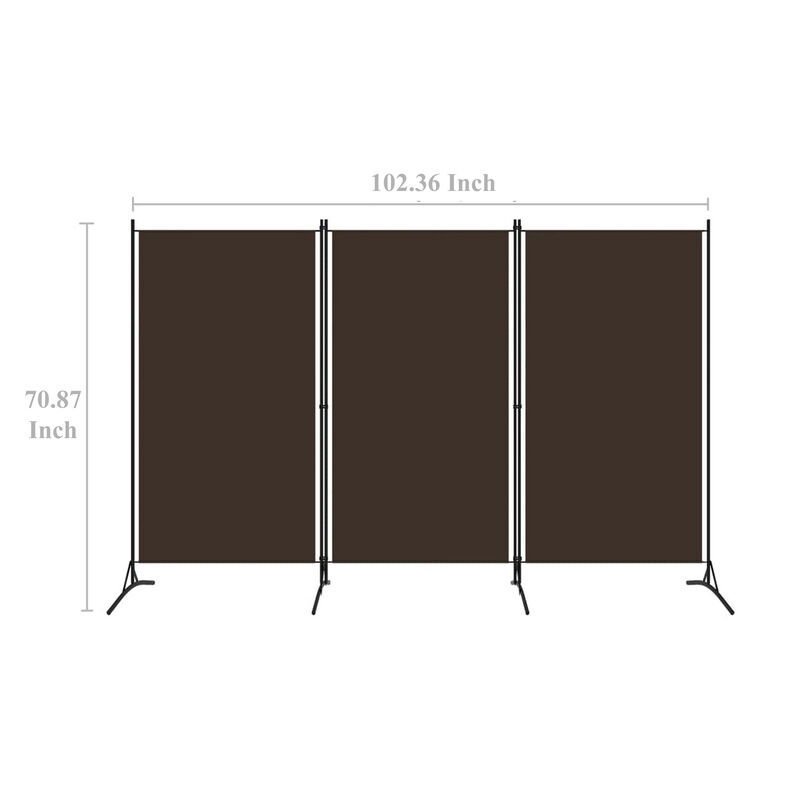 Dina 3 Panel Room Divider Screen, Brown Fabric, Black Iron, 102 Inch - Benzara