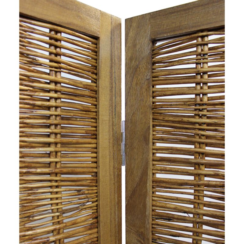 68 Inch Cottage Style 4 Panel Screen Room Divider, Willow Weaving, Brown-Benzara image number 2