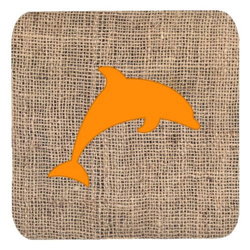Caroline's Treasures BB1025-BL-OR-FC Dolphin Burlap and Orange Foam Coasters (Set of 4), 3.5 H x 3.5 W, Multicolor