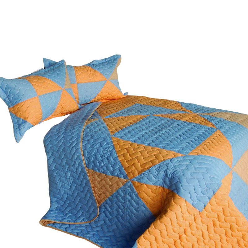 Cozy 3PC Patchwork Quilt Set with Vermicelli Quilting for Bedding Style-Blue image number 1