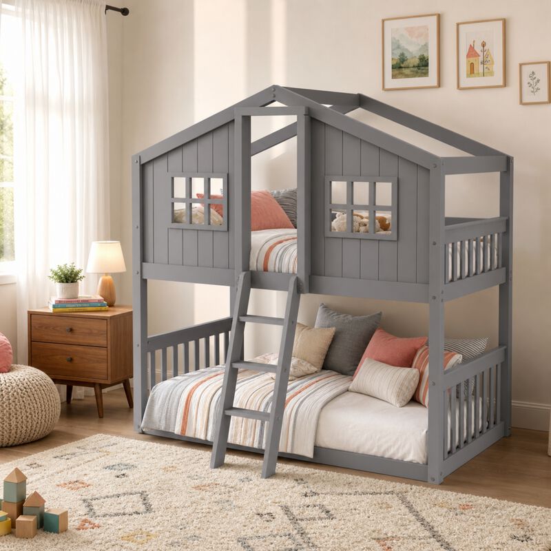Whisen 79.5"x41.1" House Bunk Bed, Solid Wood Twin Over Twin for Kids Bedroom image number 1