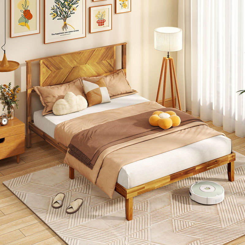 Acacia Wood Platform Bed Frame with Headboard, Mid-Century Style image number 1