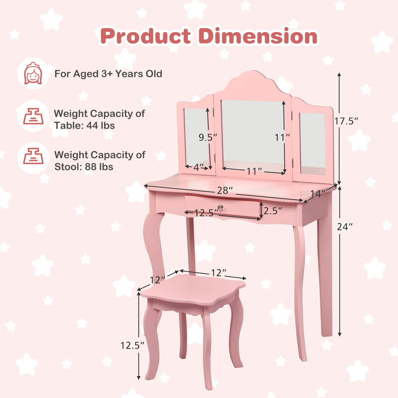Kids Makeup Dressing Mirror Vanity Table Stool Set