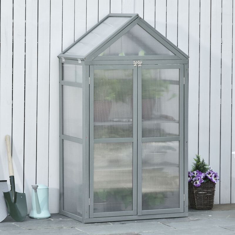 Outsunny 32" x 19" x 54" Garden Wood Cold Frame Greenhouse Flower Planter with Adjustable Shelves, Double Doors, Grey