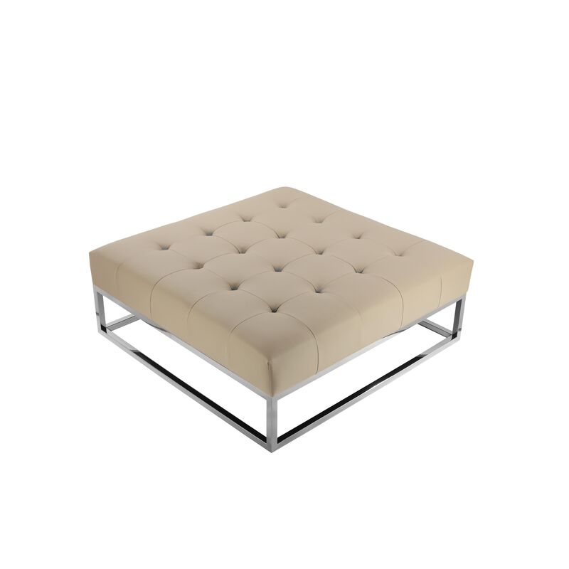 Ipp Ottoman, 40 Inch Square Tufted Beige Faux Leather, Chrome Steel - Benzara