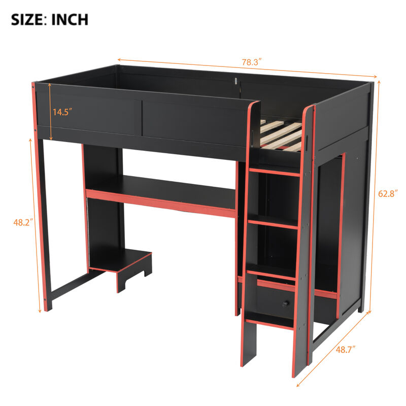 Merax Twin Size Black Wooden Gaming Loft Bed with Desk, Wardrobe, Drawer image number 4