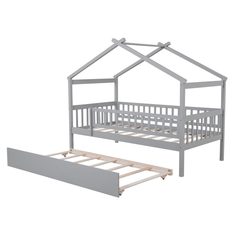 Merax Twin Size Wooden House Bed with Twin Size Trundle