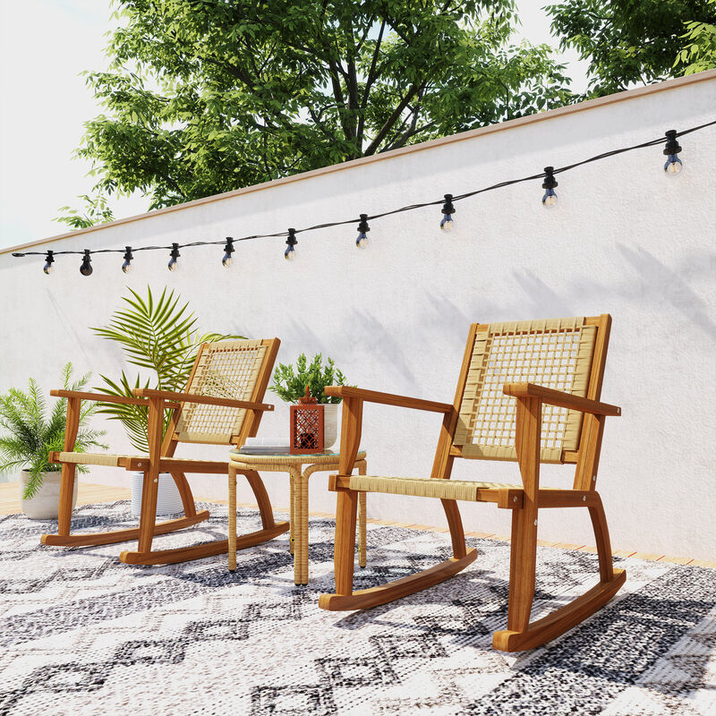 Hivvago Acacia Wood Patio Rocking Chairs Set of 2 Wicker Seat image number 7