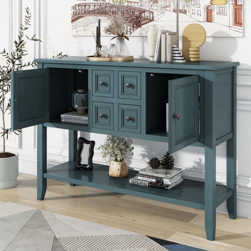 Whisen Vintage Console Table with Four Small Drawers and Bottom Shelf for Living Rooms, Entrances and Kitchens - Retro Blue
