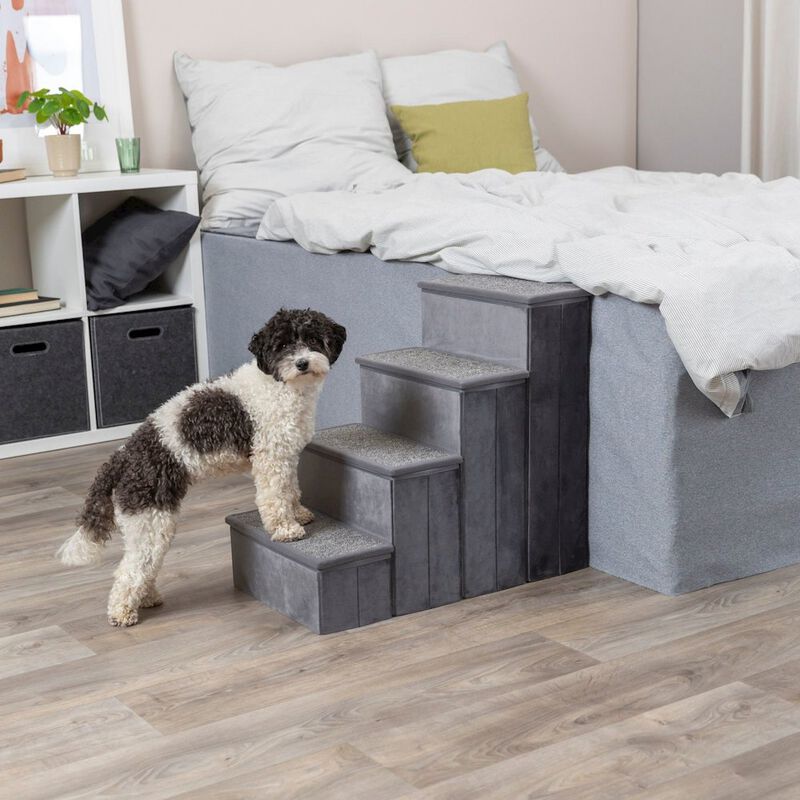 TRIXIE 4-Step Foldable Velour Pet Stairs with Storage, Gray image number 1