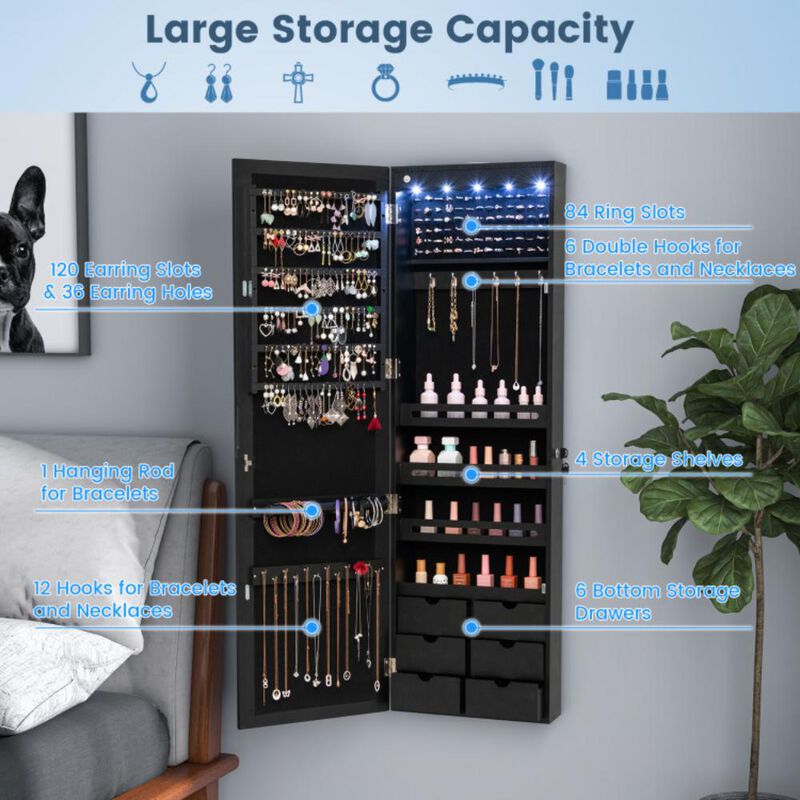 Hivvago Lockable Wall Mounted Mirror Jewelry Armoire with 5 LEDs and 6 Drawers