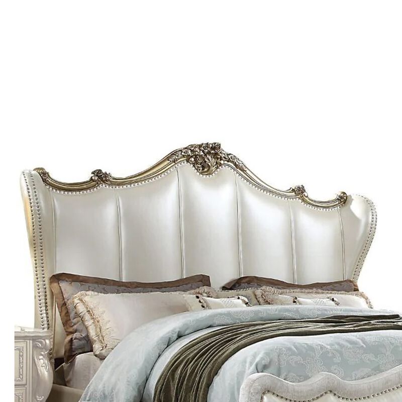 Ally California King Bed, White Faux Leather Victorian Carved, Silver - Benzara