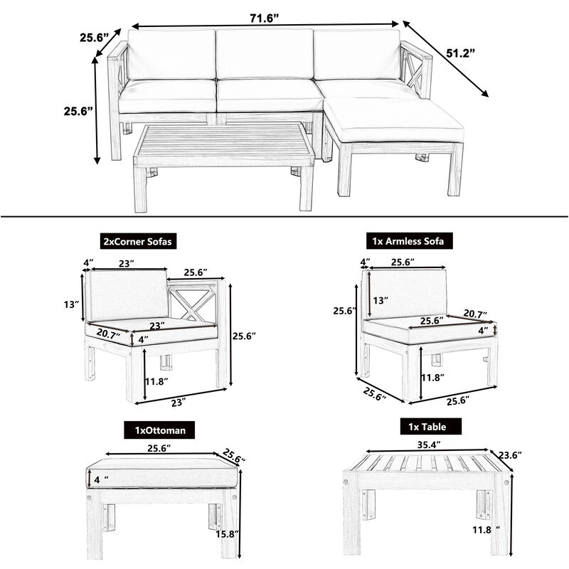 Merax Outdoor Backyard Patio Wood Sectional Sofa Seating Set