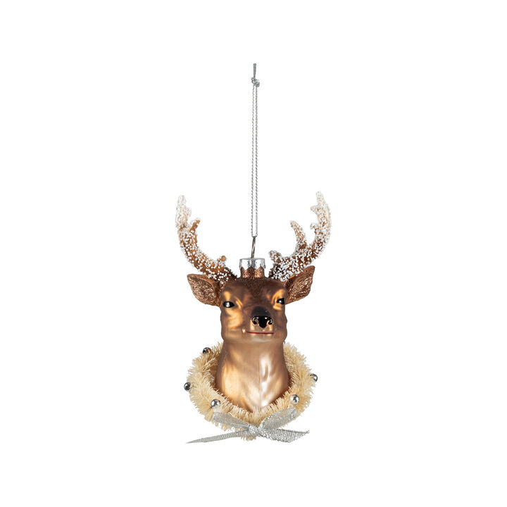 Multicolor Glass Deer Head Ornament with Beaded Wreath and Glitter Bow