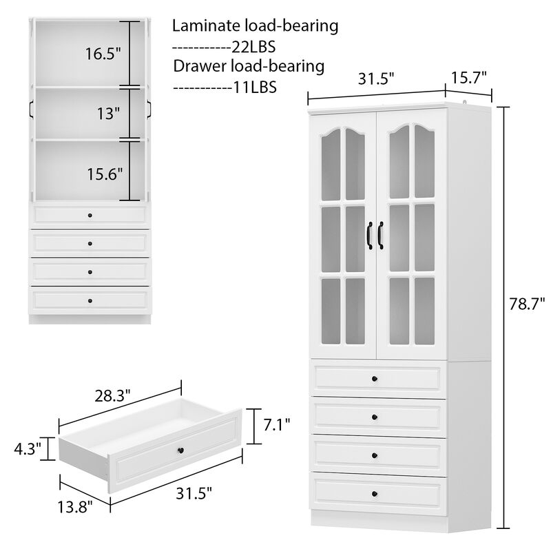 FUFU&GAGA Kitchen Pantry Cabinet with Glass Doors and Four Storage Drawers (31.5" W x 15.7" D x 78.7" H) White