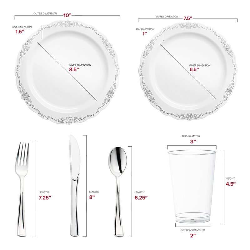 White with Silver Vintage Rim Round Plastic Wedding Value Set (30 Sets) image number 2