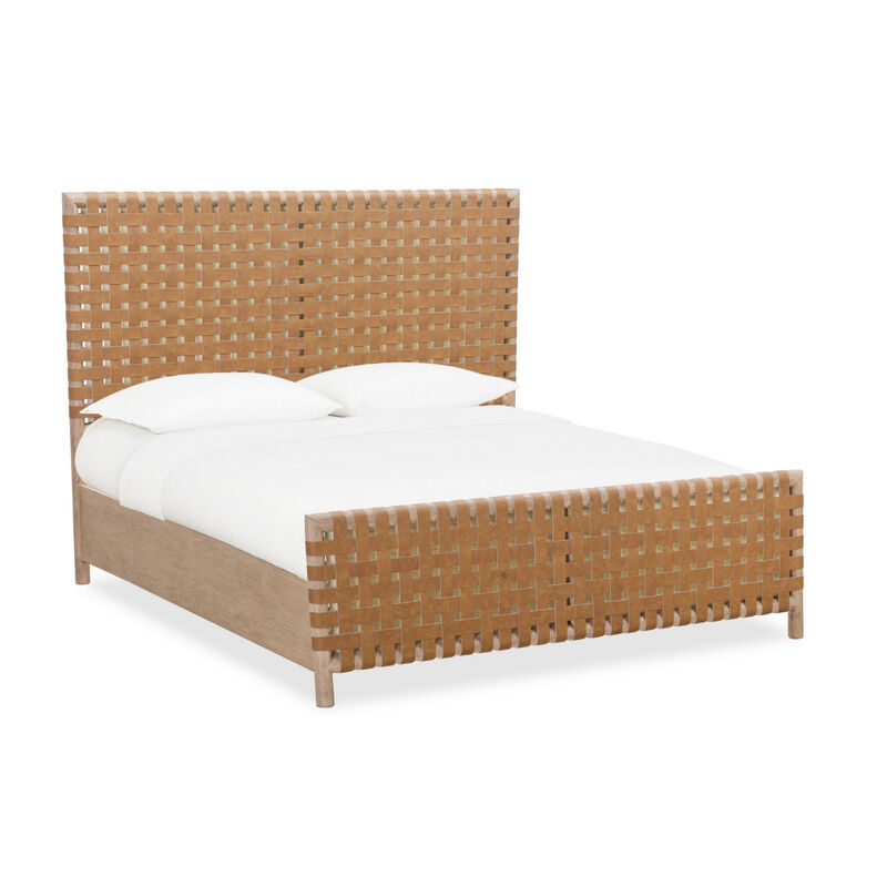 Dory King Size Bed, Hand Woven Headboard, Faux Leather Upholstery, Brown - Benzara