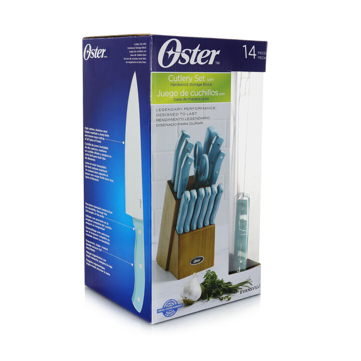 Oster Evansville 14 Piece Stainless Steel Blade Cutlery Set with Turquoise Plastic Handles