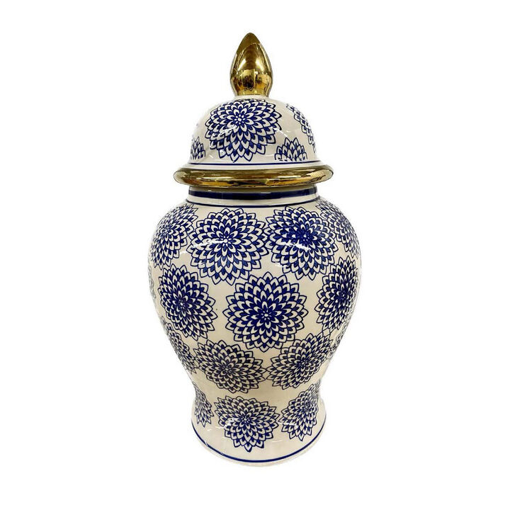 Bryan 18 Inch Ceramic Temple Jar, Floral Print, Gold Handle, Blue, White - Benzara