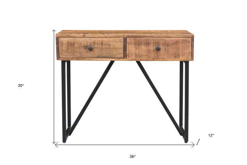HomeRoots 36" Natural and Black Solid Wood and Iron Distressed Frame Console Table With Two Drawers image number 4