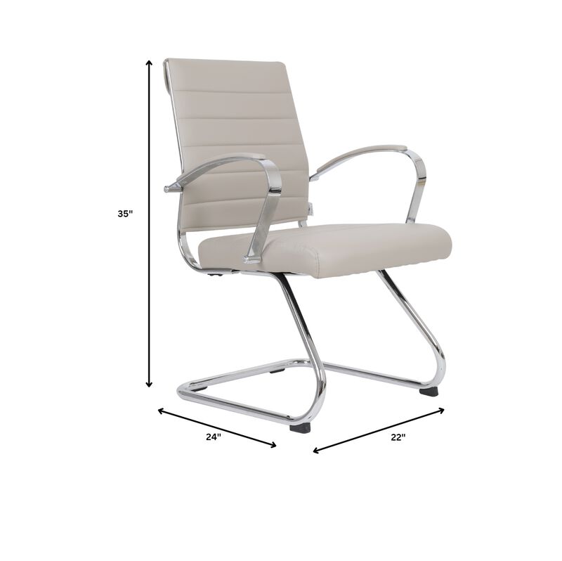 LeisureMod Benmar Guest Office Chair, Ribbed Leather Upholstery with Chrome Arms and Sled Base, Modern Desk Seating for Home or Conference Room