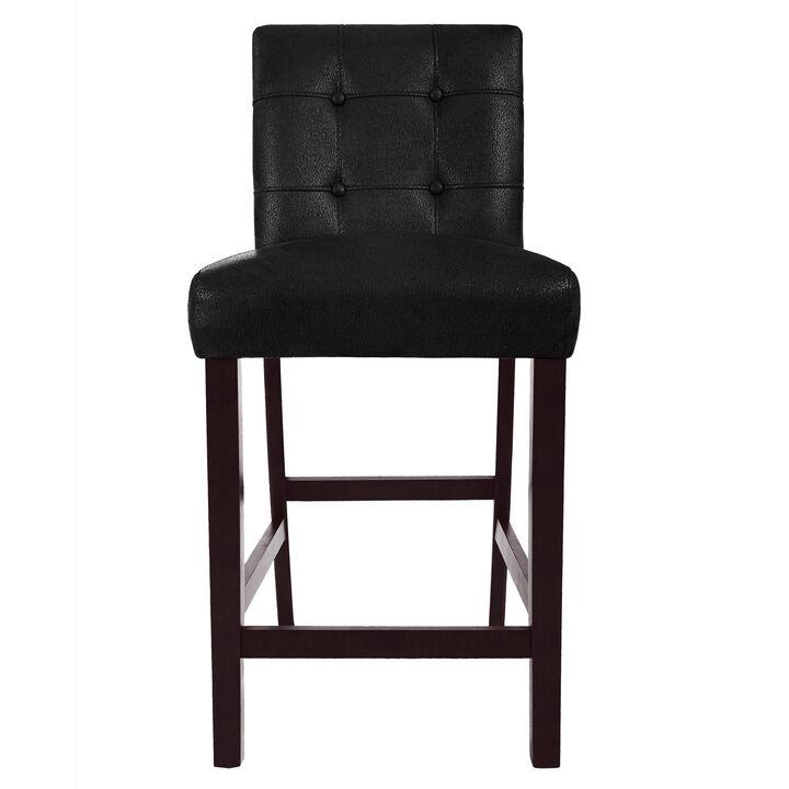 Popa Counter Stool Chair Set of 2, Black Faux Leather, Tufted Back