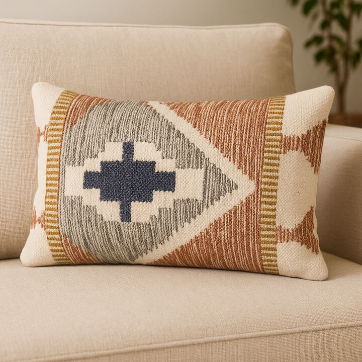 HomeRoots 20" X 21" Black Gray And Cream Lumbar Ikat Wool Blend Throw Pillow Cover with Texture