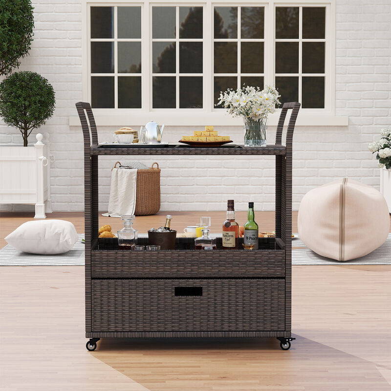 Outdoor Rattan Bar Cart Table with Tempered Glass Top and Storage-Mix Brown image number 6