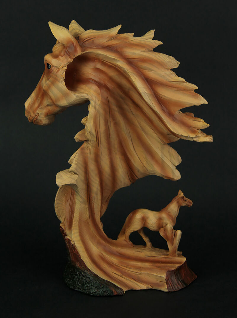 Western Horse and Native American Chief Carved Wood Look Bust Statue image number 2