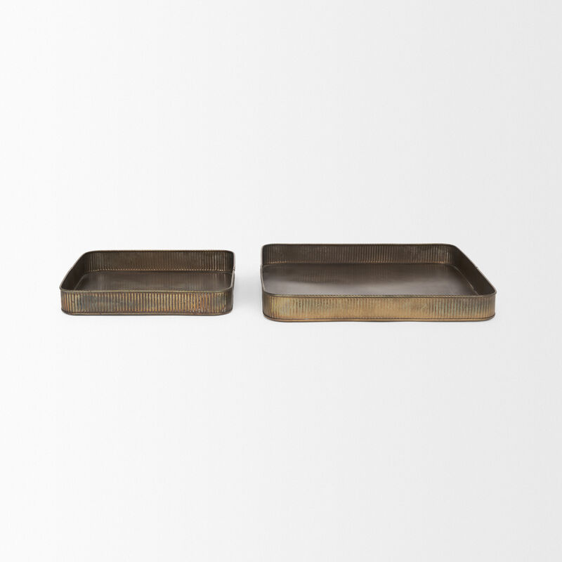 HomeRoots Set of Two Antiqued Brass Metal Handmade Serving Tray image number 2