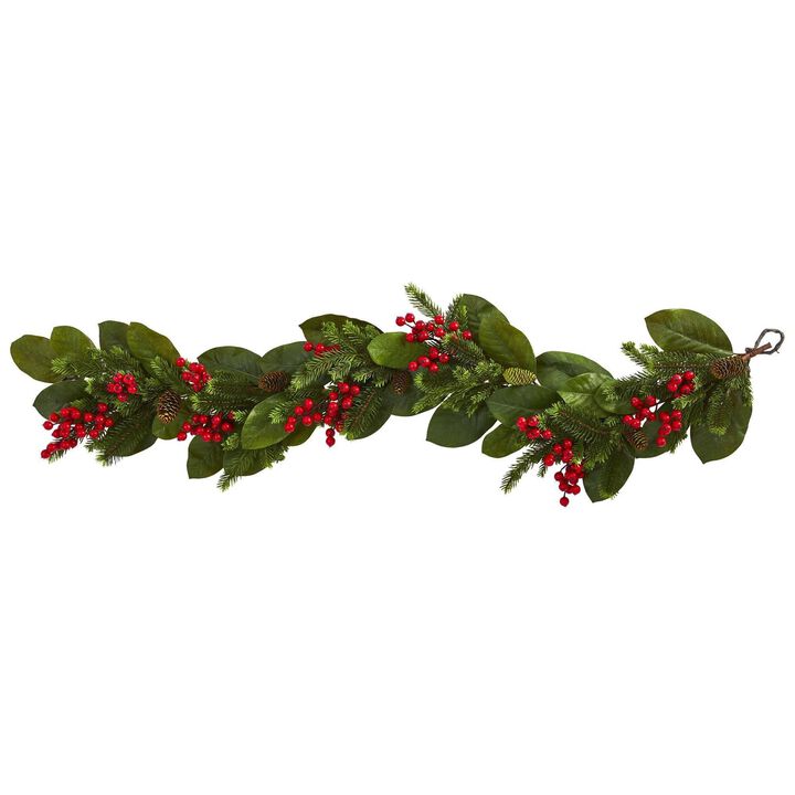 Nearly Natural 5-ft Magnolia Leaf , Berry and Pine Artificial Garland