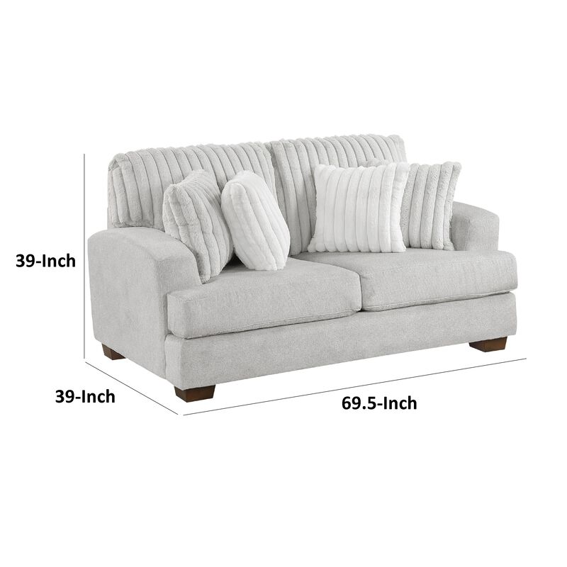 Witz Loveseat, 70 Inch, 4 Pillows, Ribbed Texture Light Gray Corduroy - Benzara