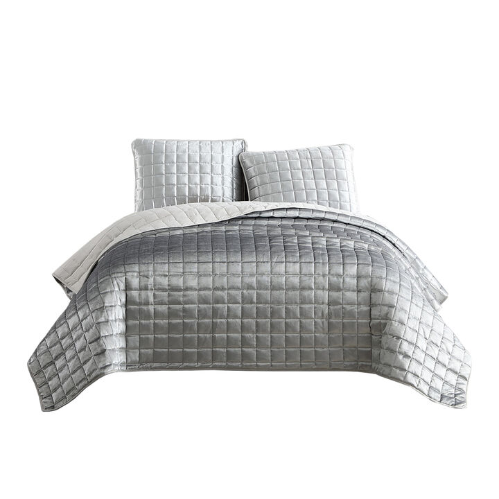 3 Piece Queen Size Coverlet Set with Stitched Square Pattern, Silver - Benzara