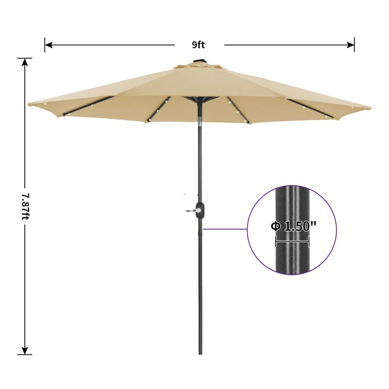 Mondawe 9ft Patio Umbrella Outdoor Market 32 LED Solar Umbrella with Tilt and Crank