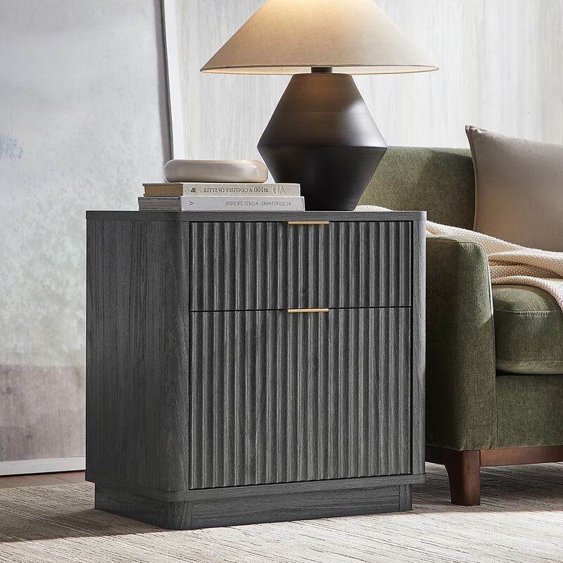 Fluted 2-Drawer Nightstand with Charging Station, Curved Modern Bedside Table image number 1