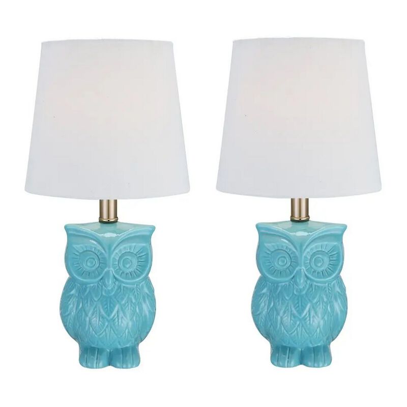 18 Inch Table Lamp with Owl Stand, Set of 2, Ceramic, Aqua Haze Finish-Benzara image number 1