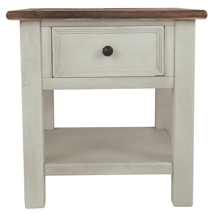 End Table With Plank Top and a Gliding Drawer, Cream and Brown-Benzara