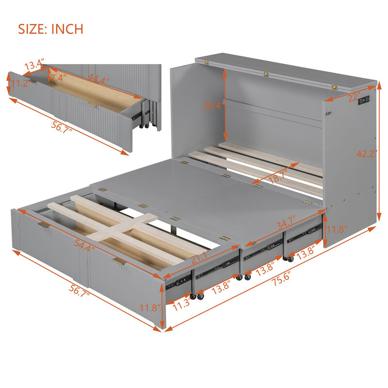 Whisen Clever Design Full Size Murphy Bed, Folded into a Cabinet with Drawer and USB Ports