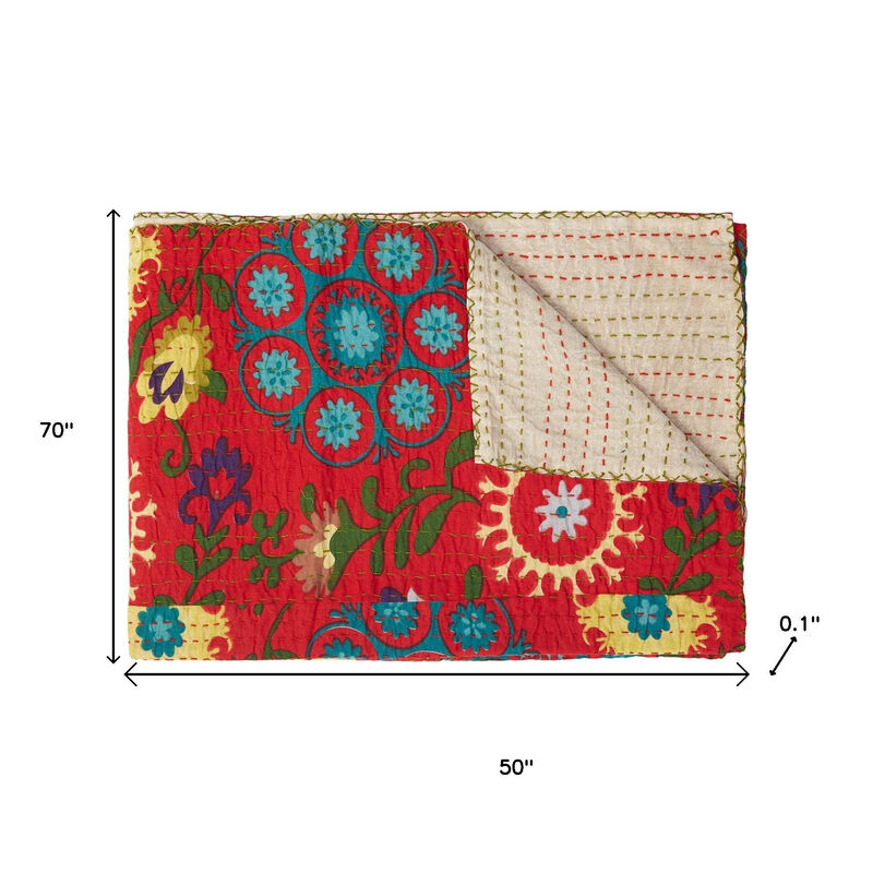 HomeRoots 50" X 70" Red Floral Cotton Quilted Kantha Throw Blanket with Embroidery image number 4