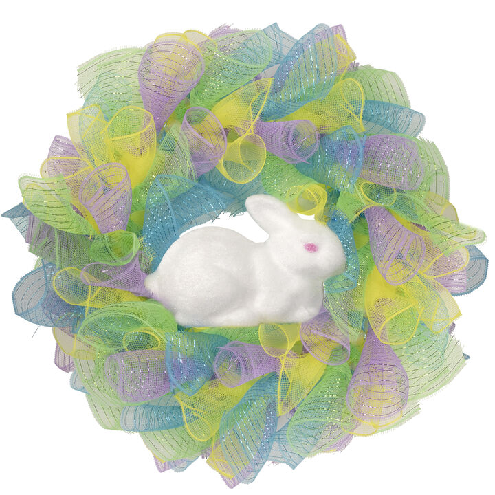 Colorful Deco Mesh Ribbon Easter Bunny Wreath  24-Inch  unlit