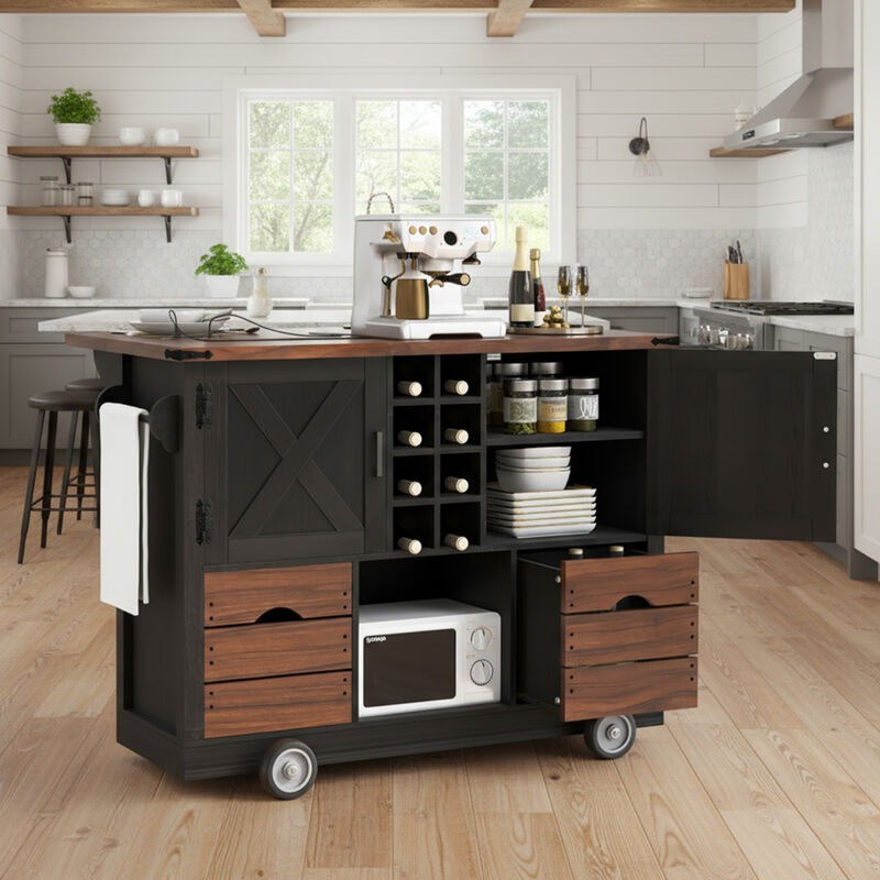 ELEMENT ACE Farmhouse Kitchen Island Cart with Foldable Leaf, Built-In Power Outlet, Ample Storage Drawers and Cabinets image number 1